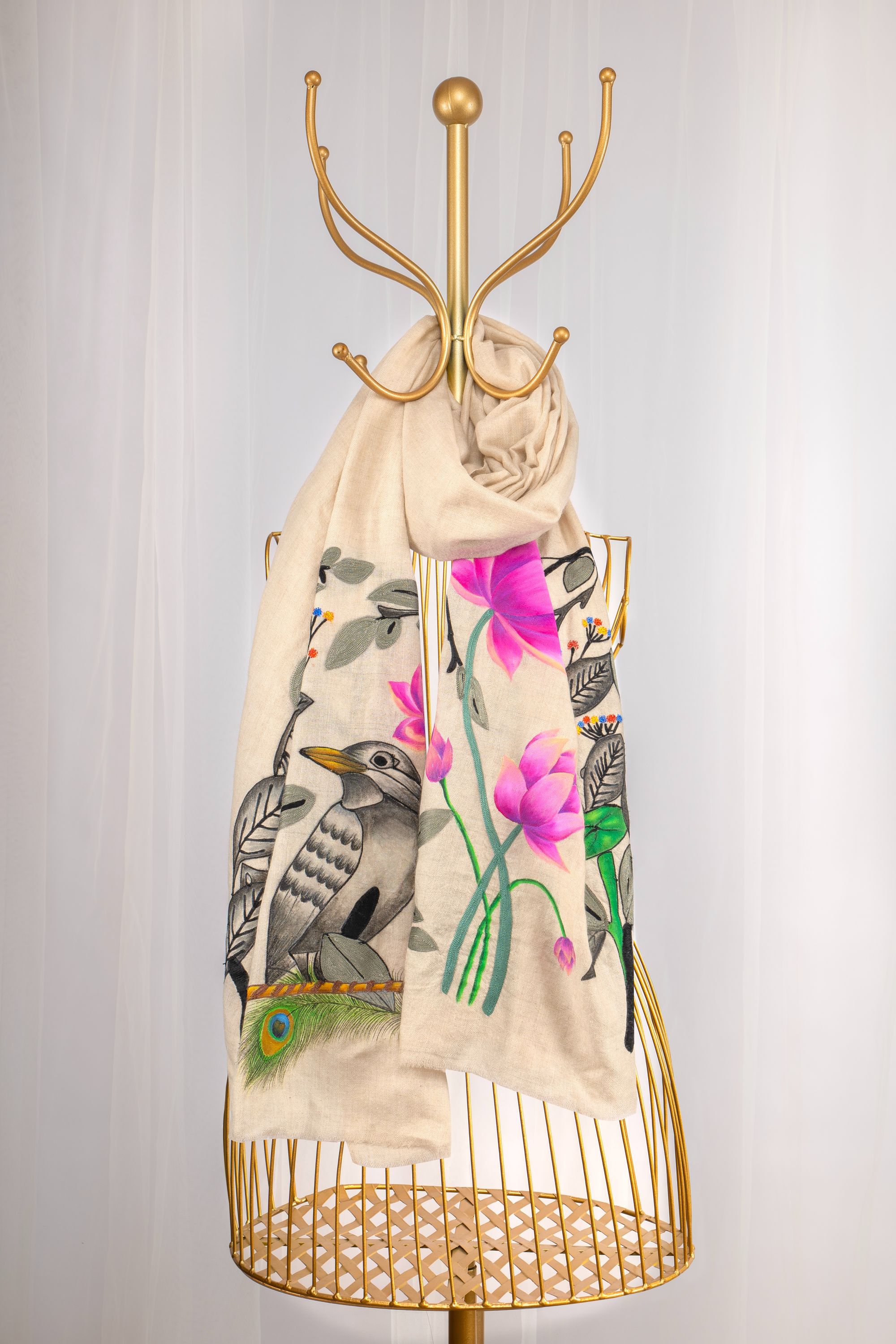 Beige Pure Pashmina Hand-Painted & Embroidered Scarf - The Family Tree (Love Jammu & Kashmir)