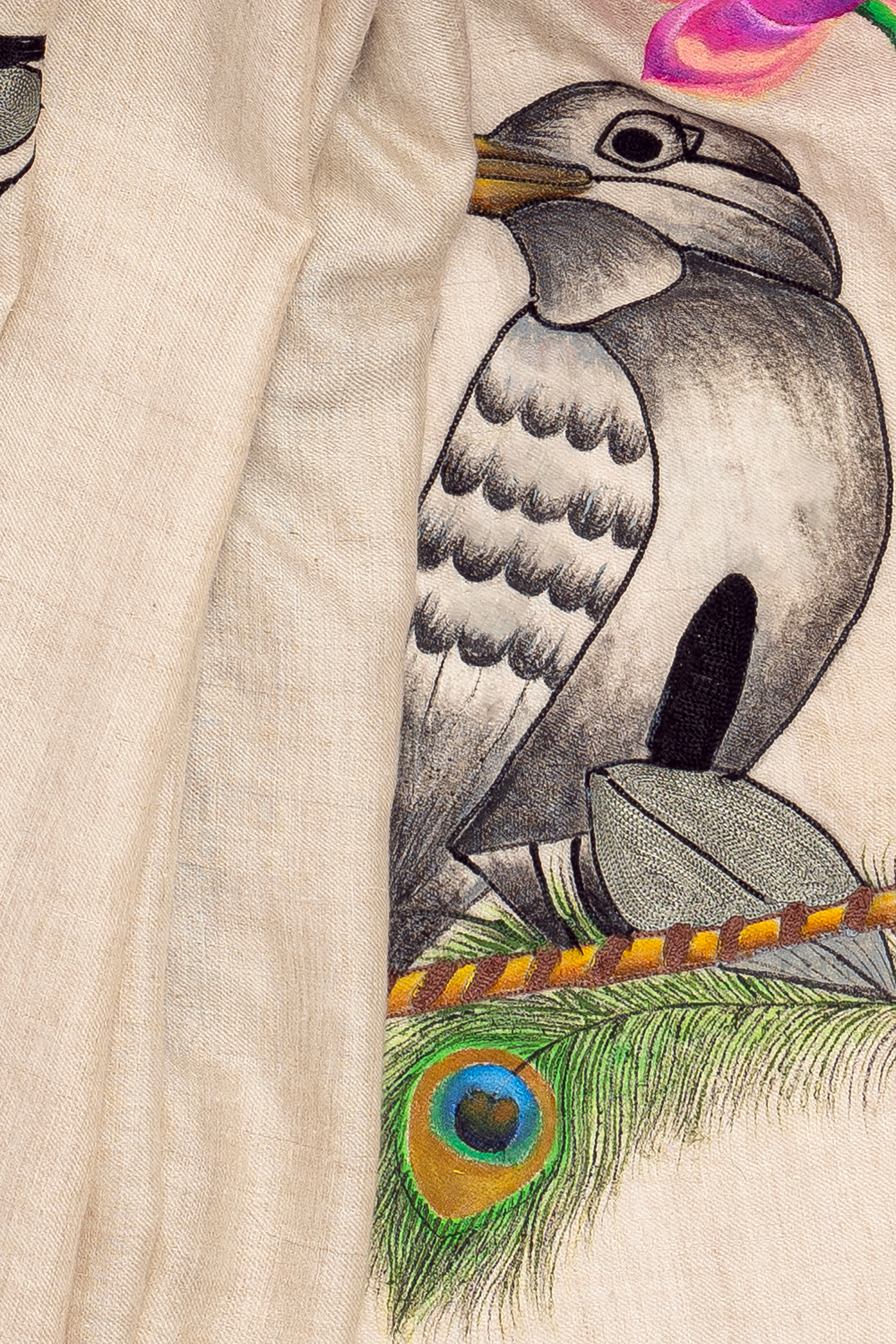 Beige Pure Pashmina Hand-Painted & Embroidered Scarf - The Family Tree (Love Jammu & Kashmir)