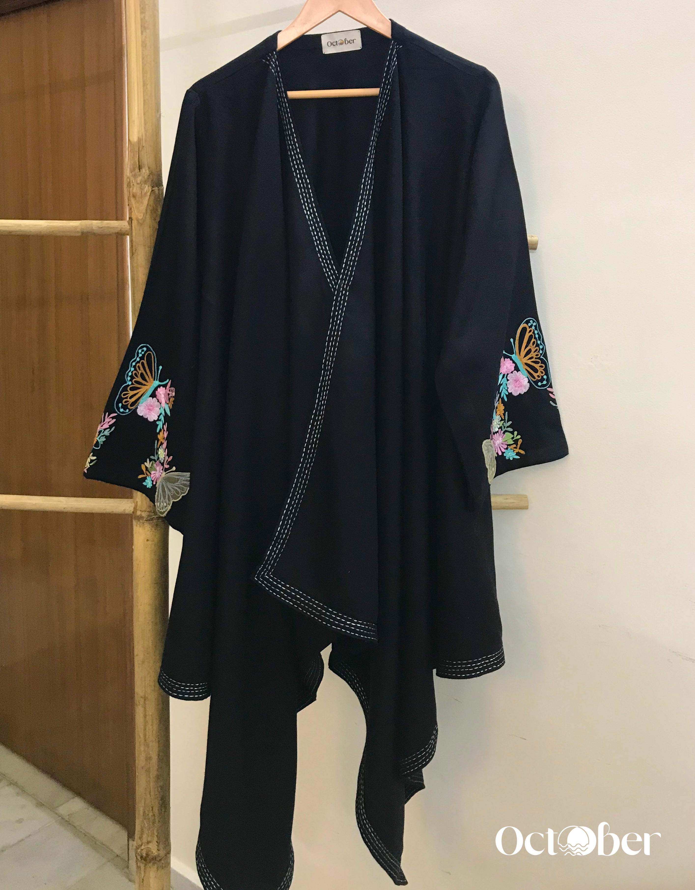 Black Woolen A-Symmetrical Cape - (Around the World)