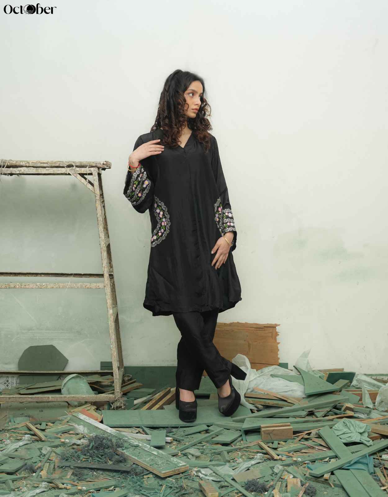 Black Silk Real Silver & Handpainted Co-Ord Set