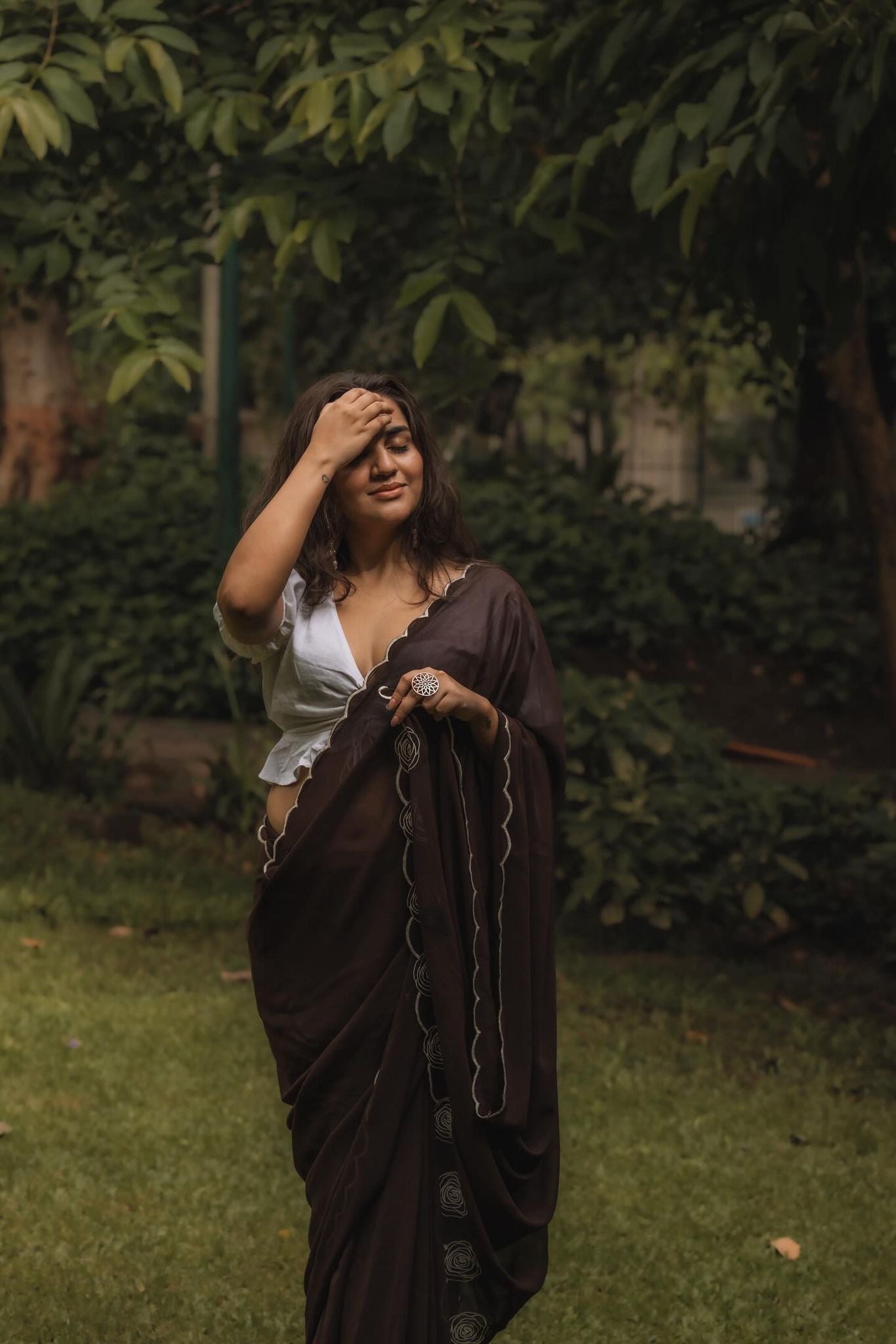 Brown Georgette Thread Embroidered Saree - Rose Garden (Mapping Stars)
