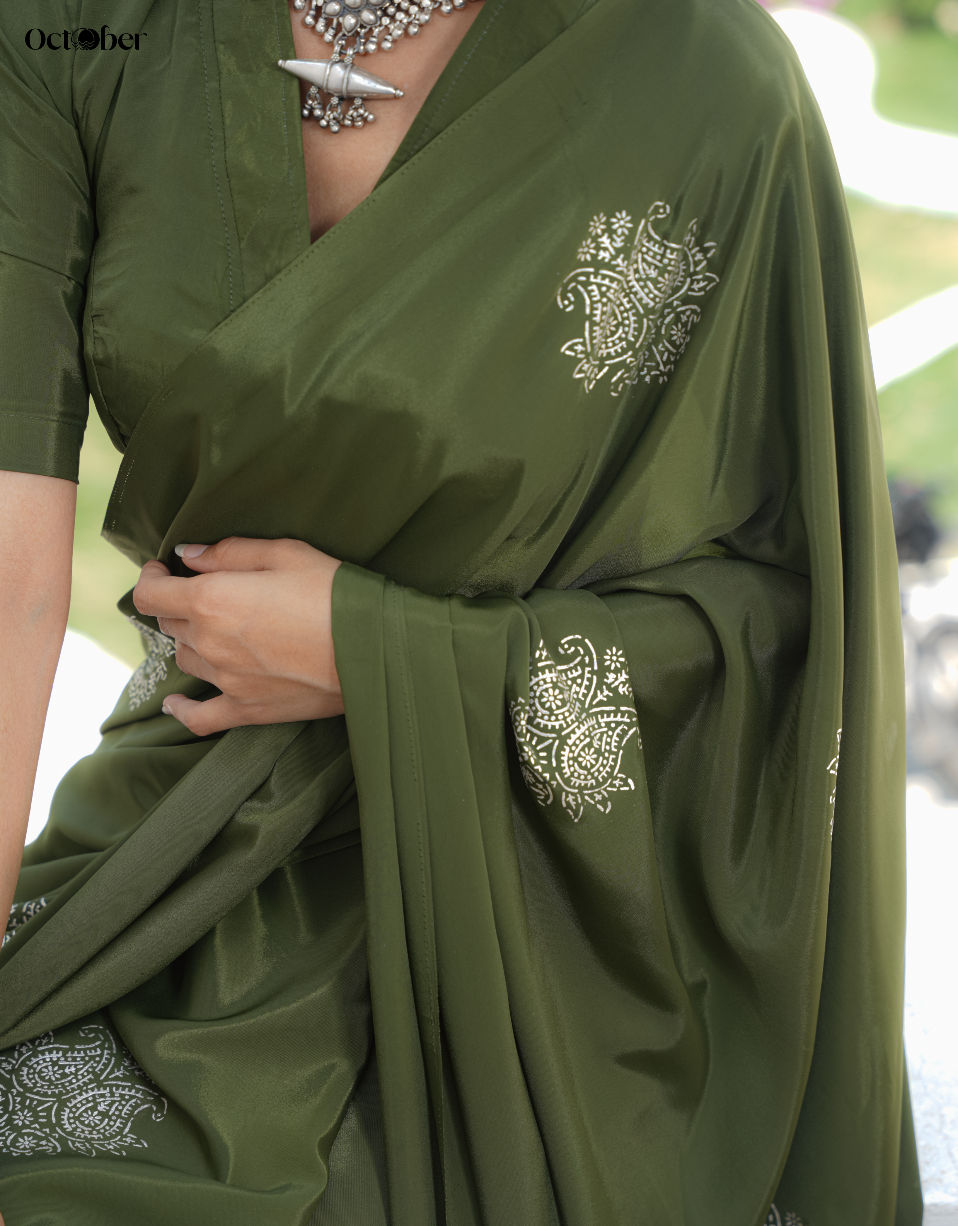 Chandi Ki Saree - Olive Green Silver Boota Crepe Saree (Silver Saree)