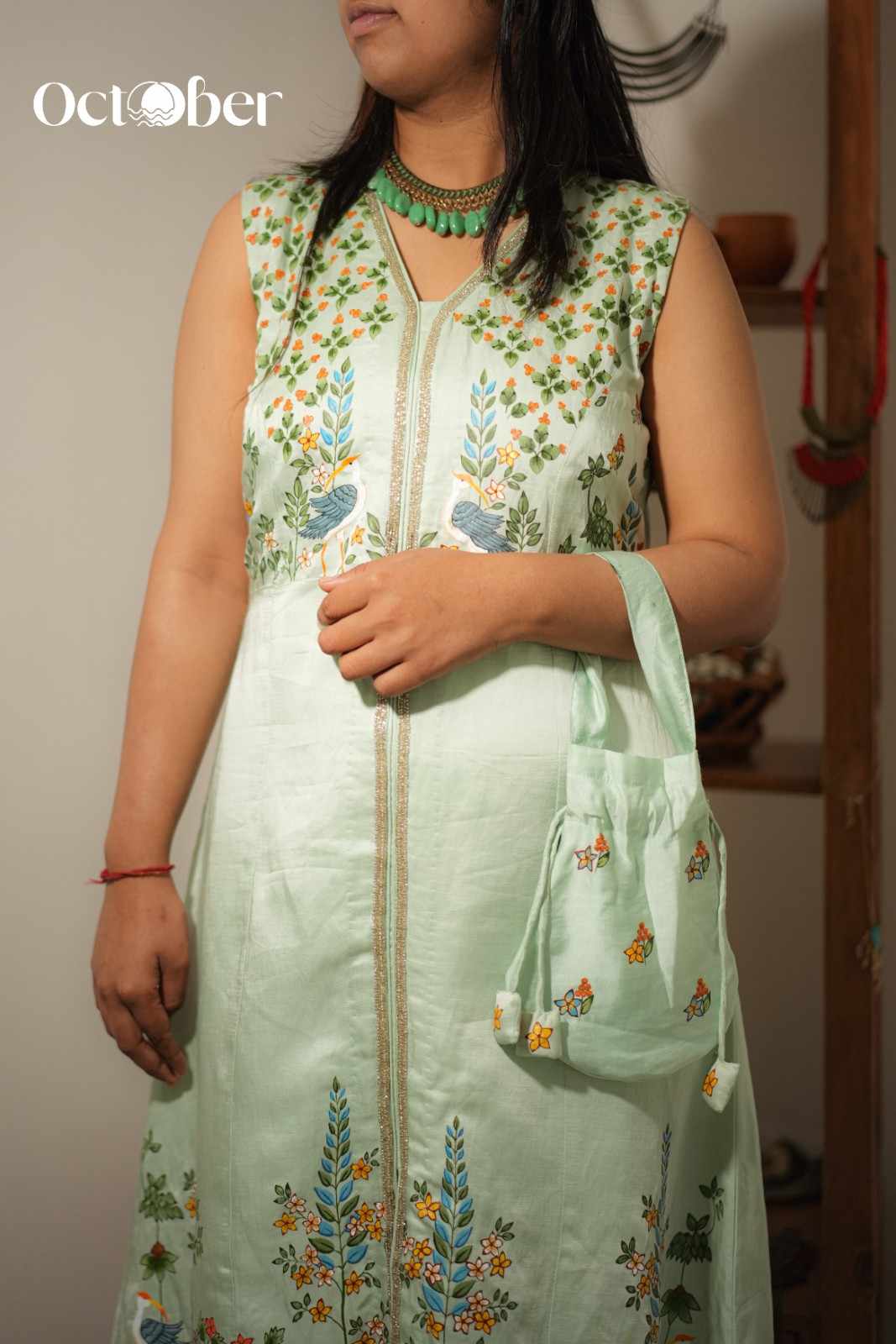 Mint Linen Satin Handpainted & Embroidered Coord-Set