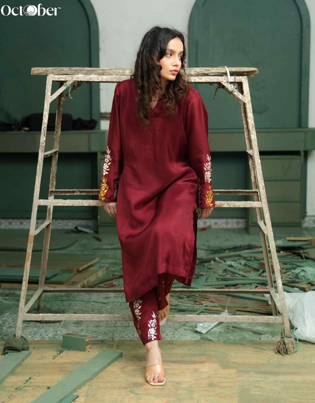 Maroon Silk Real Silver & Handpainted Co-Ord Set
