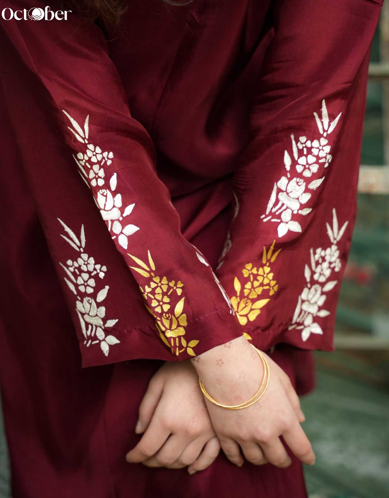 Maroon Silk Real Silver & Handpainted Co-Ord Set