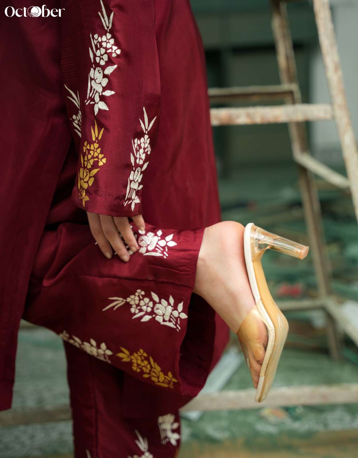Maroon Silk Real Silver & Handpainted Co-Ord Set