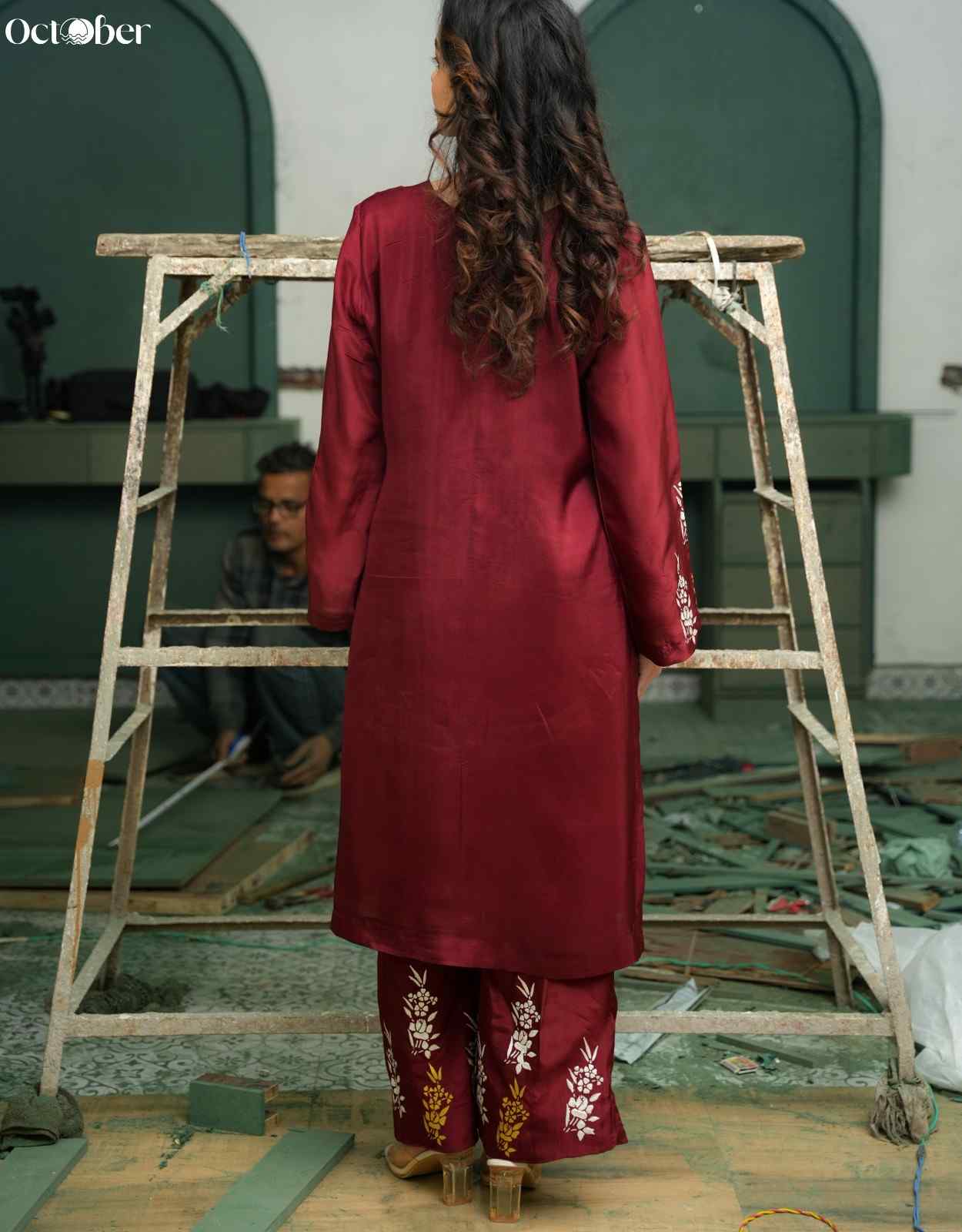 Maroon Silk Real Silver & Handpainted Co-Ord Set