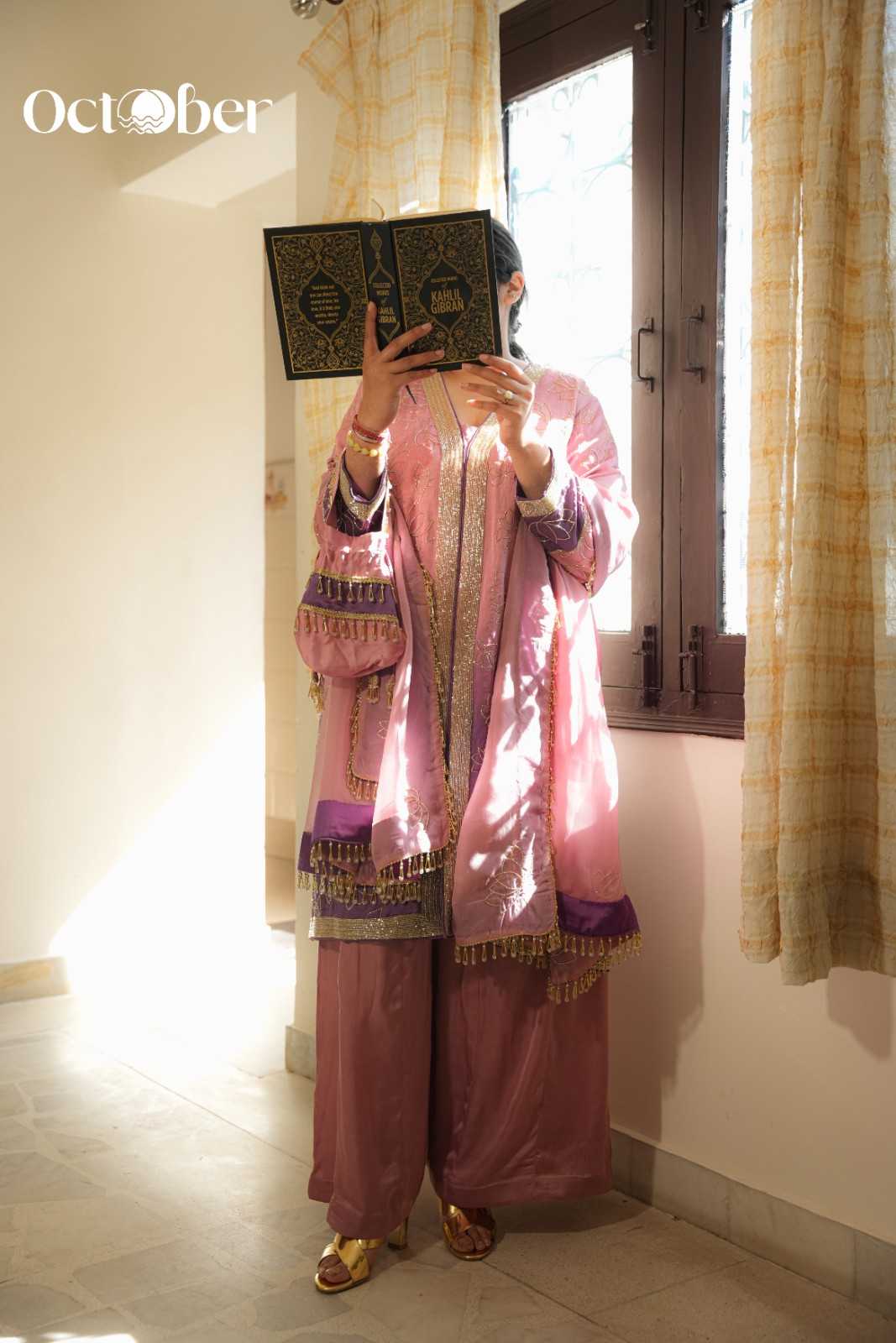 Pink-Purple Ombre Linen Satin suit with Hand Embroidery