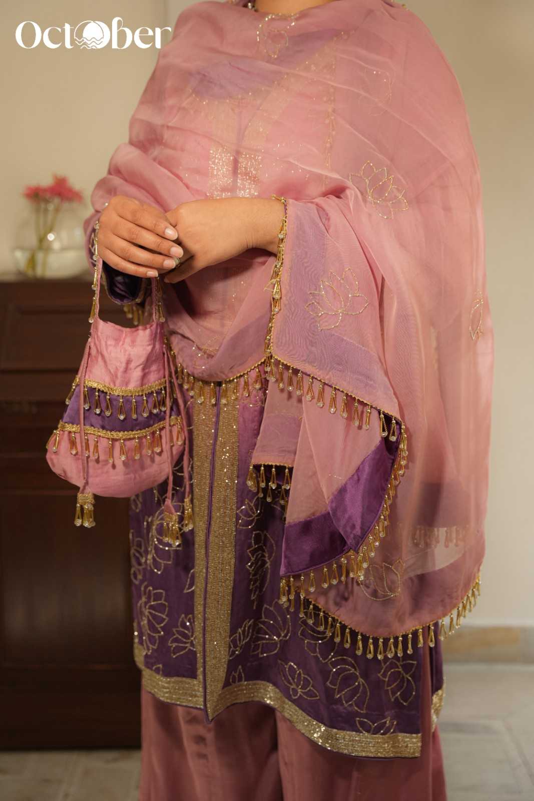 Pink-Purple Ombre Linen Satin suit with Hand Embroidery
