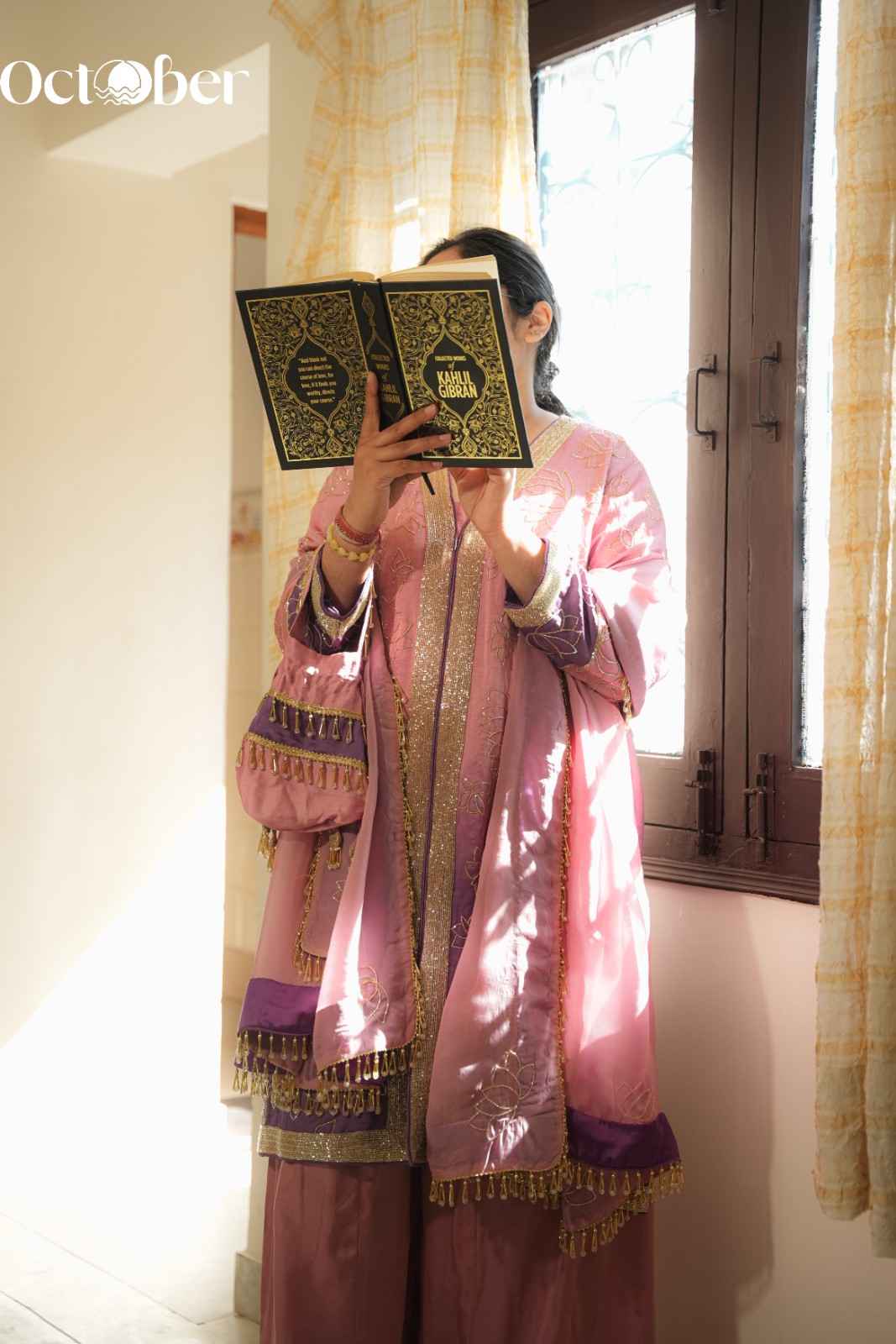 Pink-Purple Ombre Linen Satin suit with Hand Embroidery