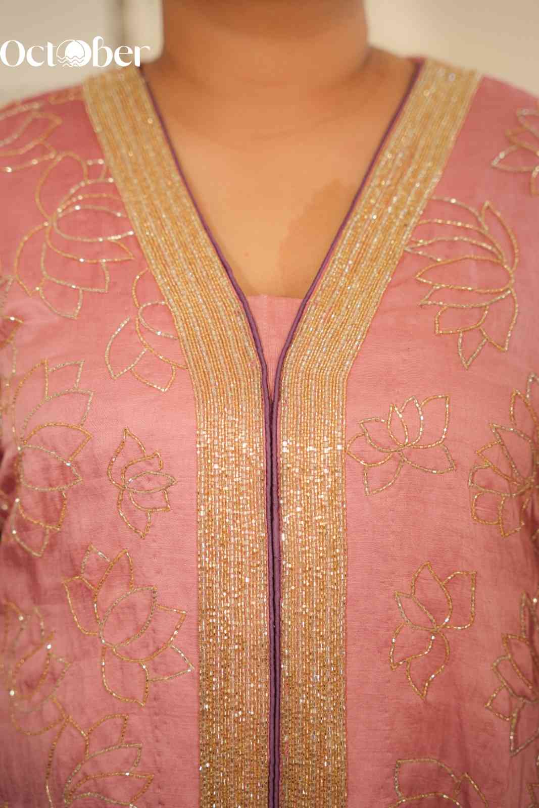 Pink-Purple Ombre Linen Satin suit with Hand Embroidery