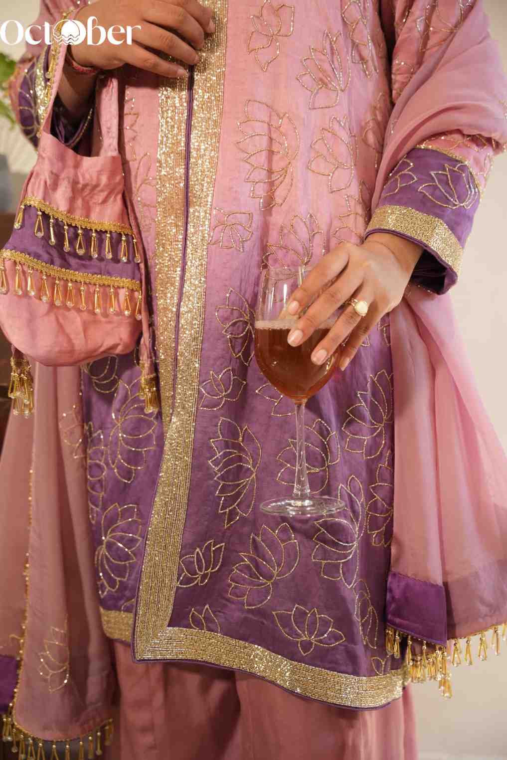 Pink-Purple Ombre Linen Satin suit with Hand Embroidery