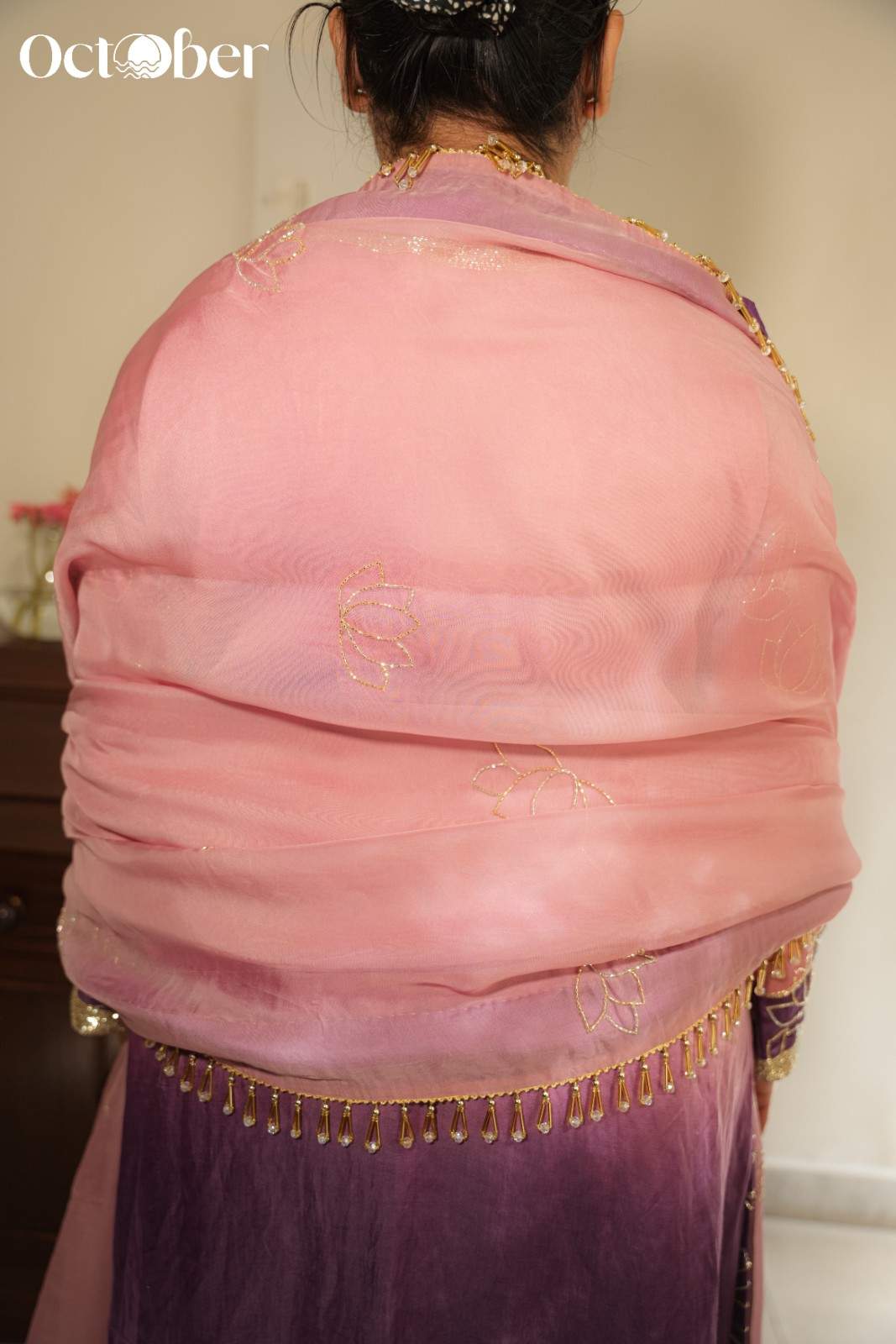 Pink-Purple Ombre Linen Satin suit with Hand Embroidery