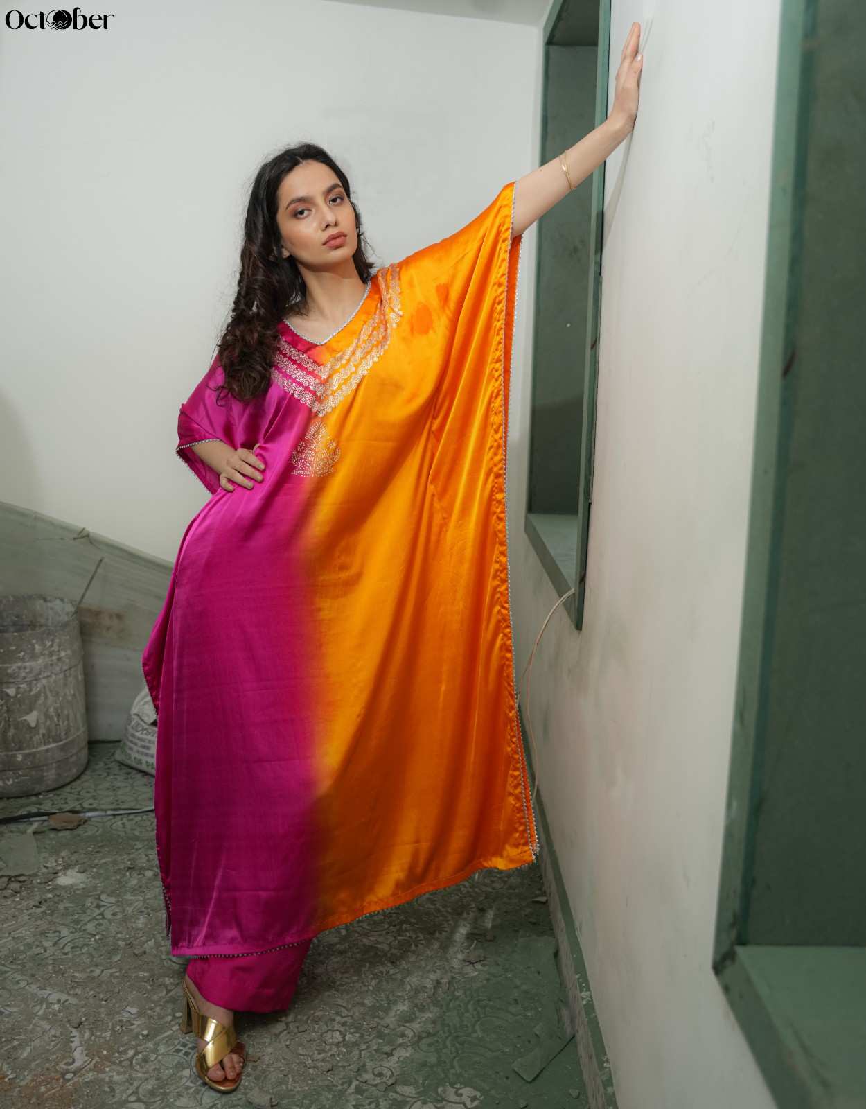 Orange & Magenta Satin Real Silver Kaftan - Hephaestus (The Greek Goddess)