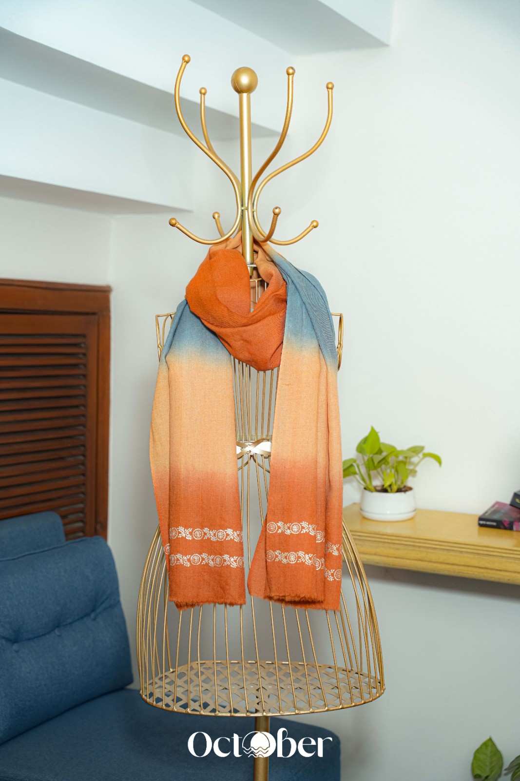 Ombre (Orange & Ice Blue) Fine Wool Chandi Scarf