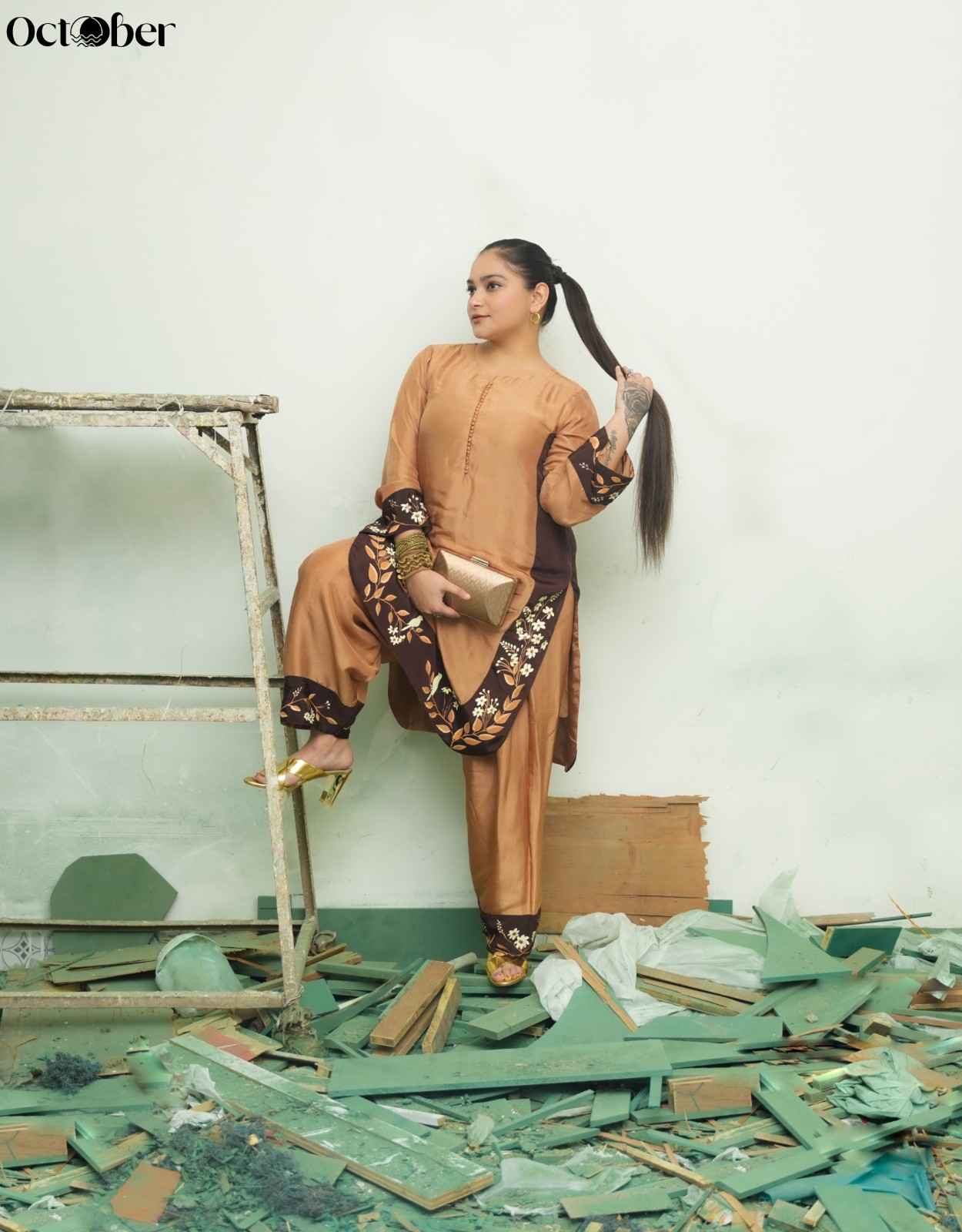 Mocha Brown Silk Handpainted Co-Ord Set