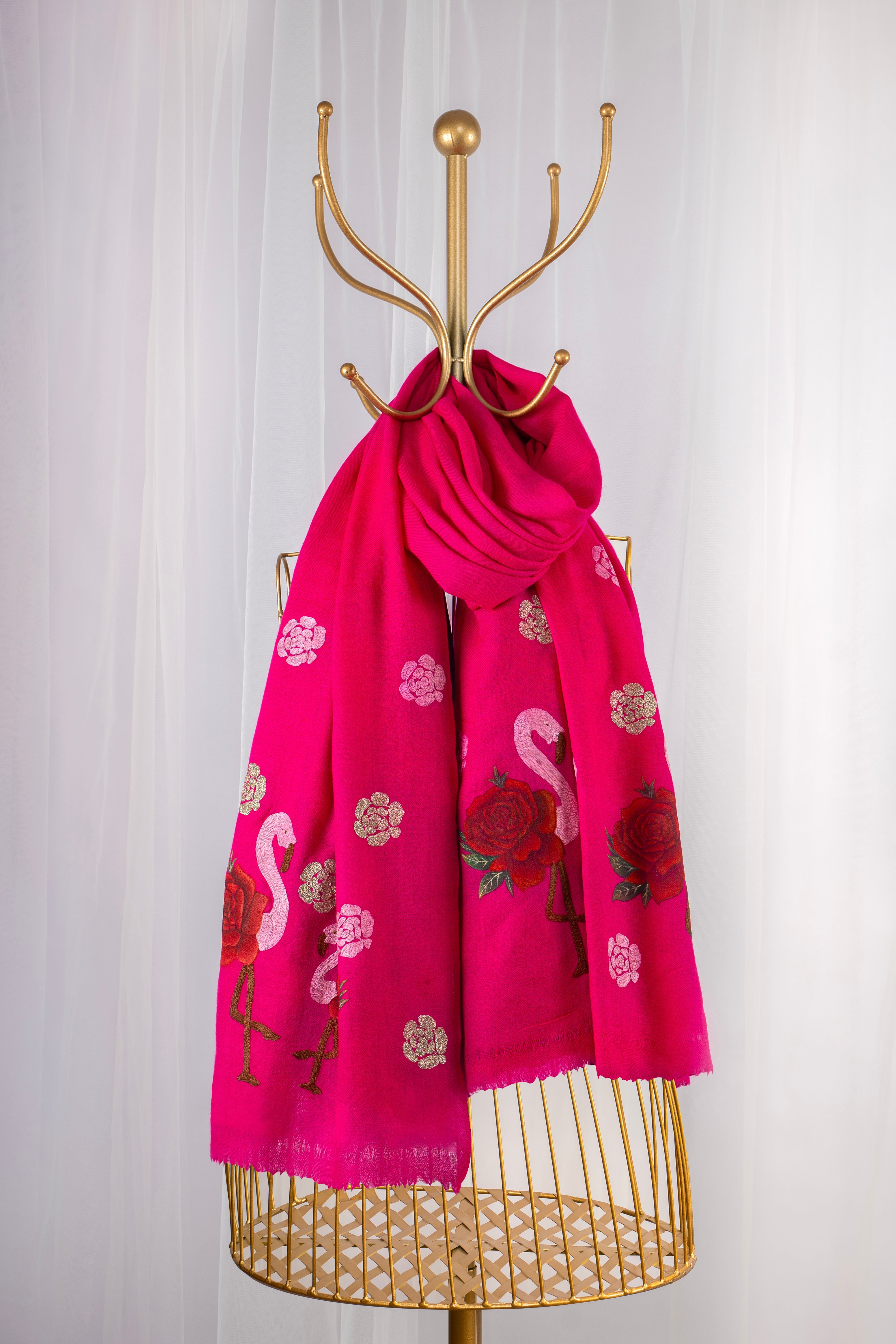 Hot Pink Pure Pashmina Hand-Painted Scarf - Flamingo & Roses (We Got You Flowers)