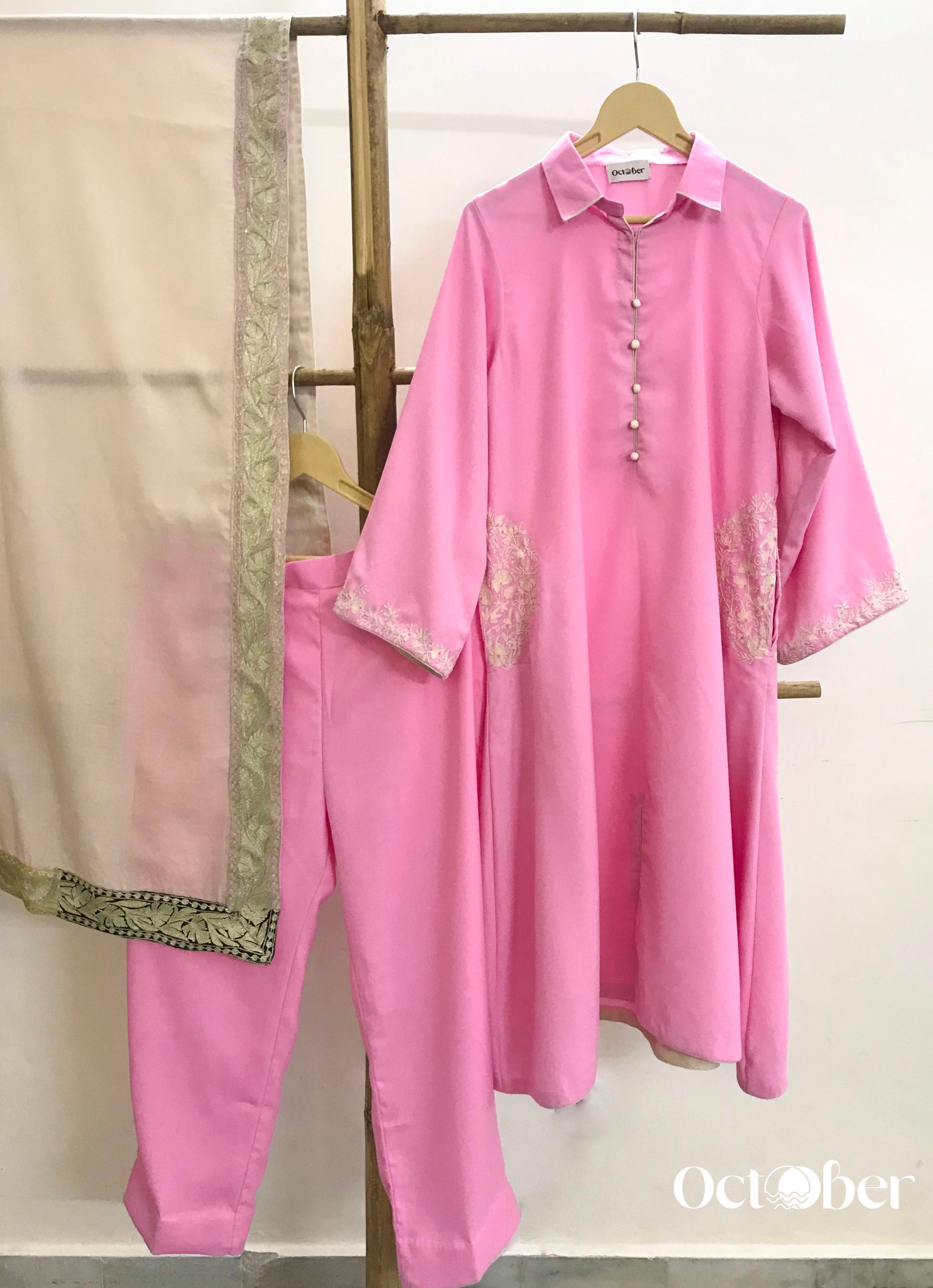Pink Woolen Embroidered Suit