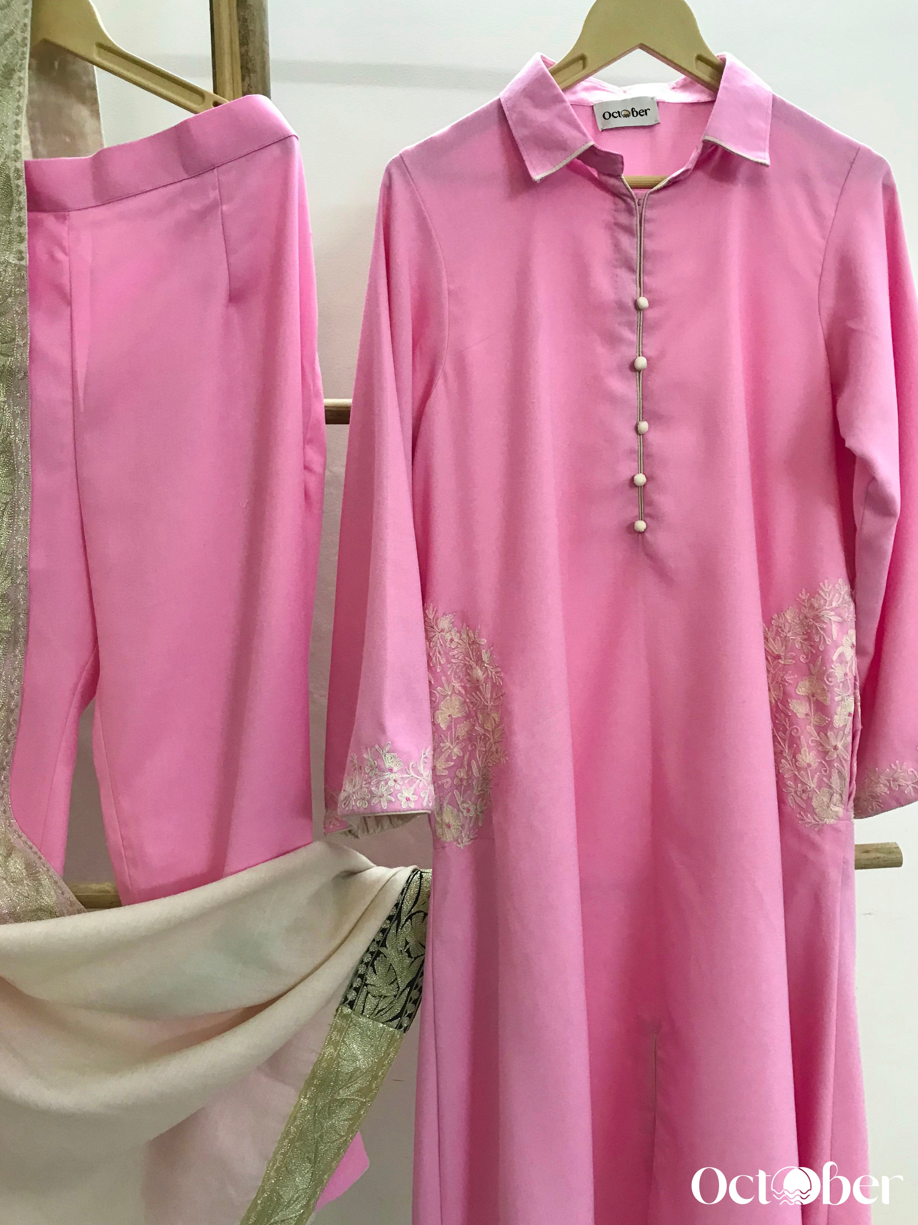 Pink Woolen Embroidered Suit