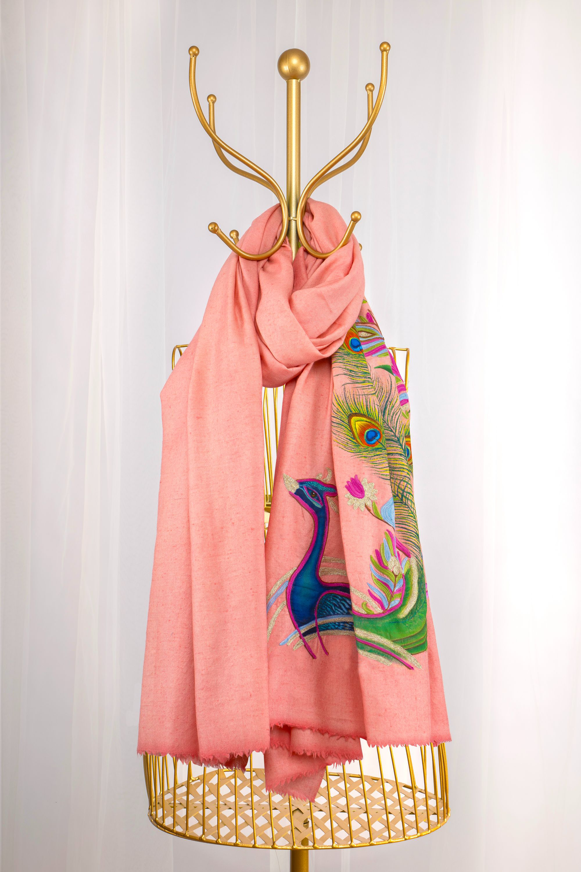 Pink Pure Pashmina Embroidered Scarf - Dancing Peacock (Love Jammu & Kashmir)