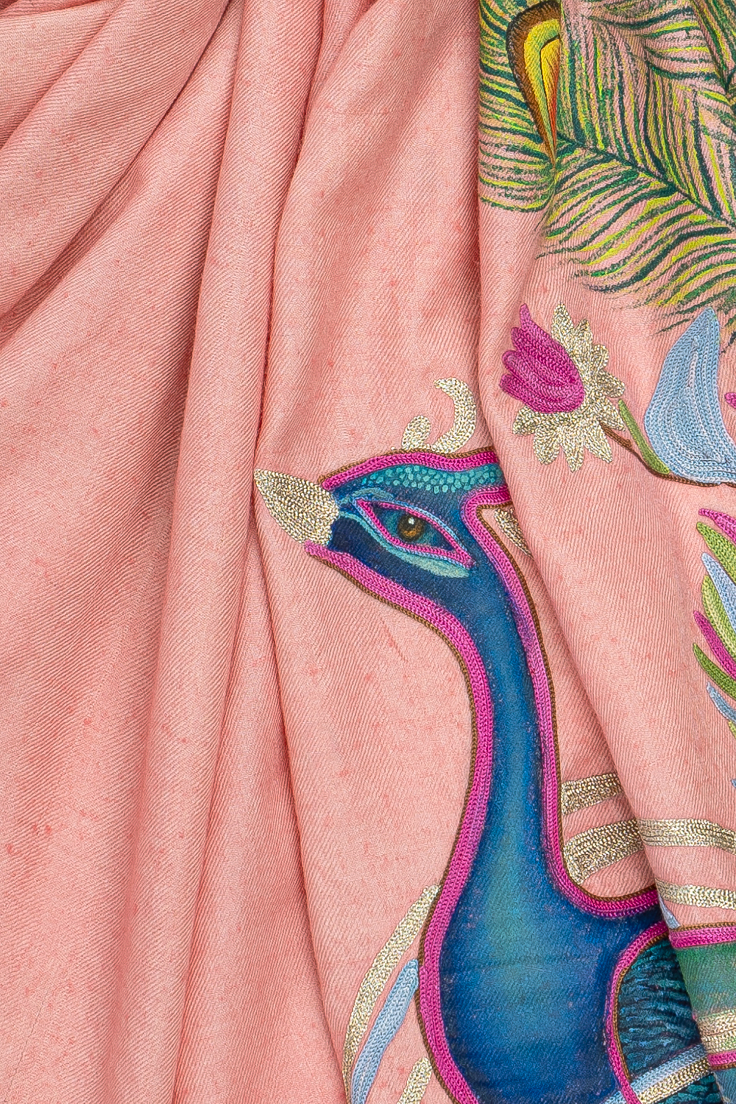 Pink Pure Pashmina Embroidered Scarf - Dancing Peacock (Love Jammu & Kashmir)