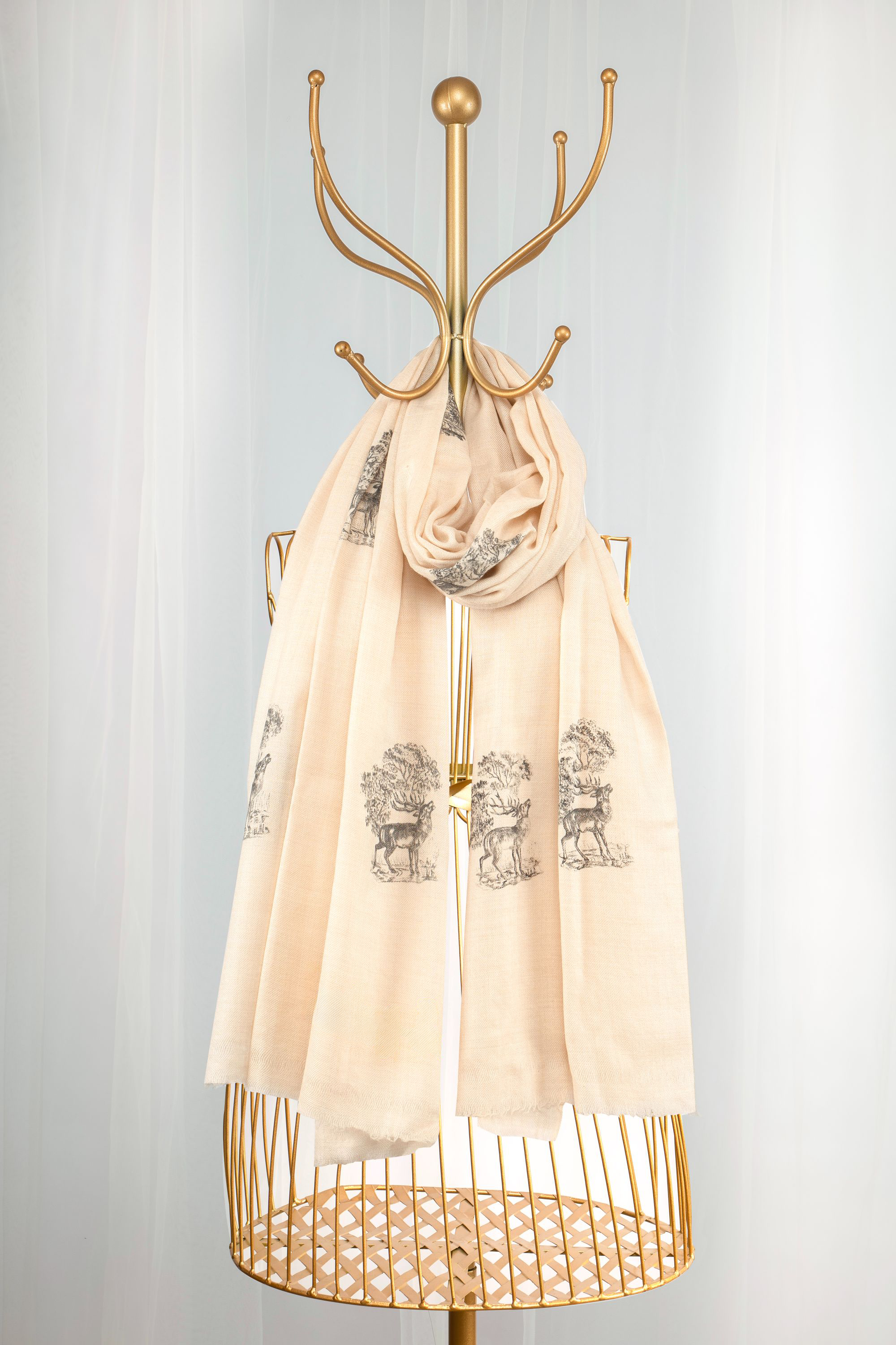 Beige Pure Pashmina Hand-Painted Scarf - Reining Rein Deer (Into Their Den)