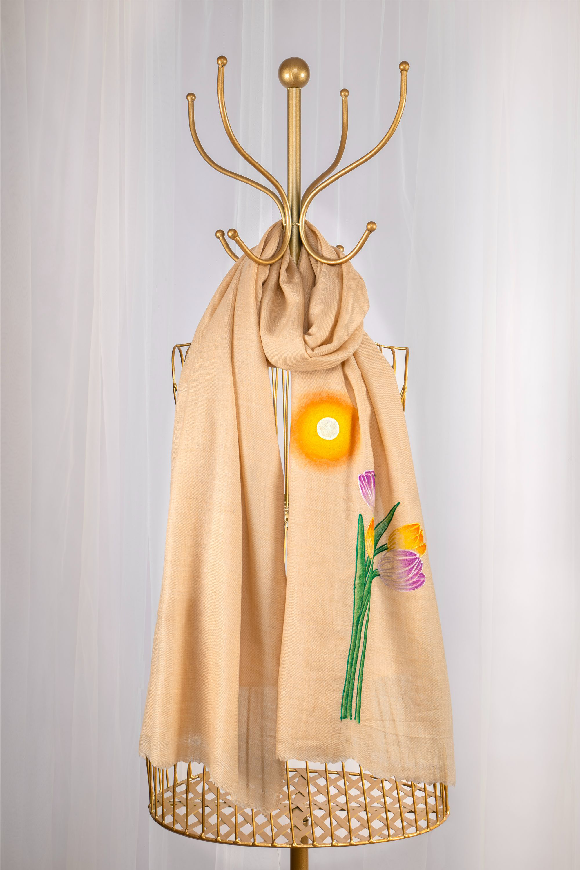 Beige Pure Pashmina Hand-Painted & Embroidered Scarf - Tulip Garden (Love Jammu & Kashmir)